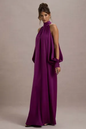 Baila | Mulberry Satin High-Neck Cape-Sleeve Maxi Dress