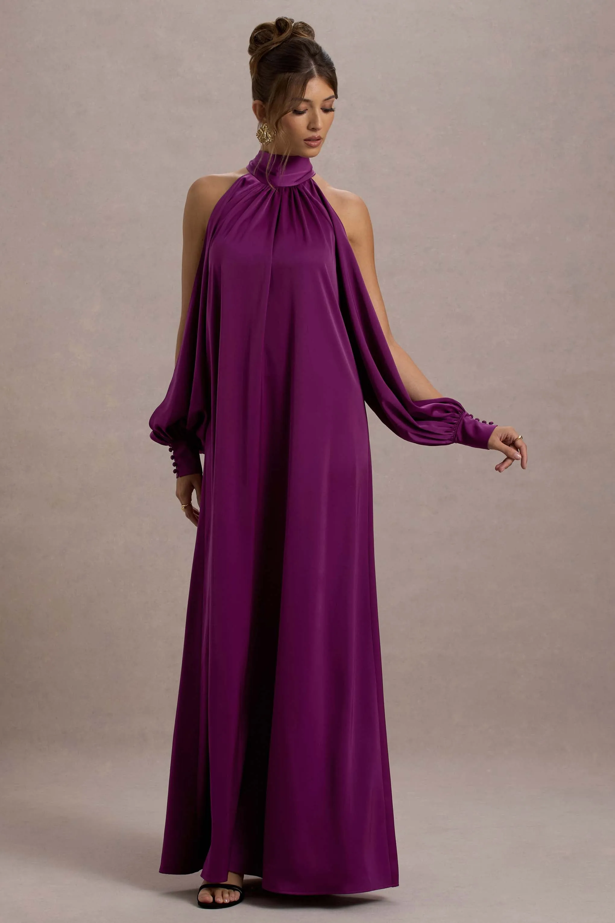 Baila | Mulberry Satin High-Neck Cape-Sleeve Maxi Dress