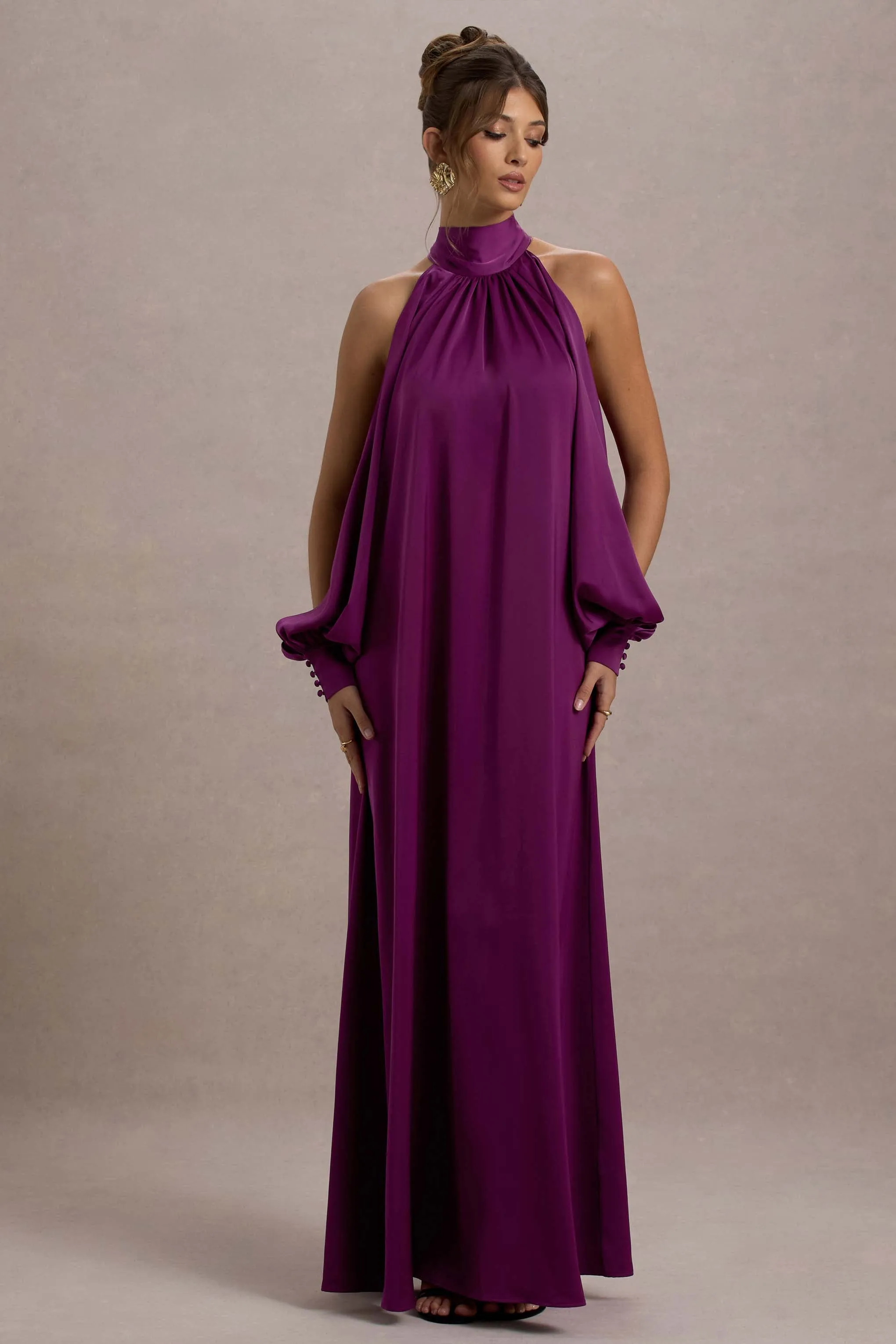 Baila | Mulberry Satin High-Neck Cape-Sleeve Maxi Dress