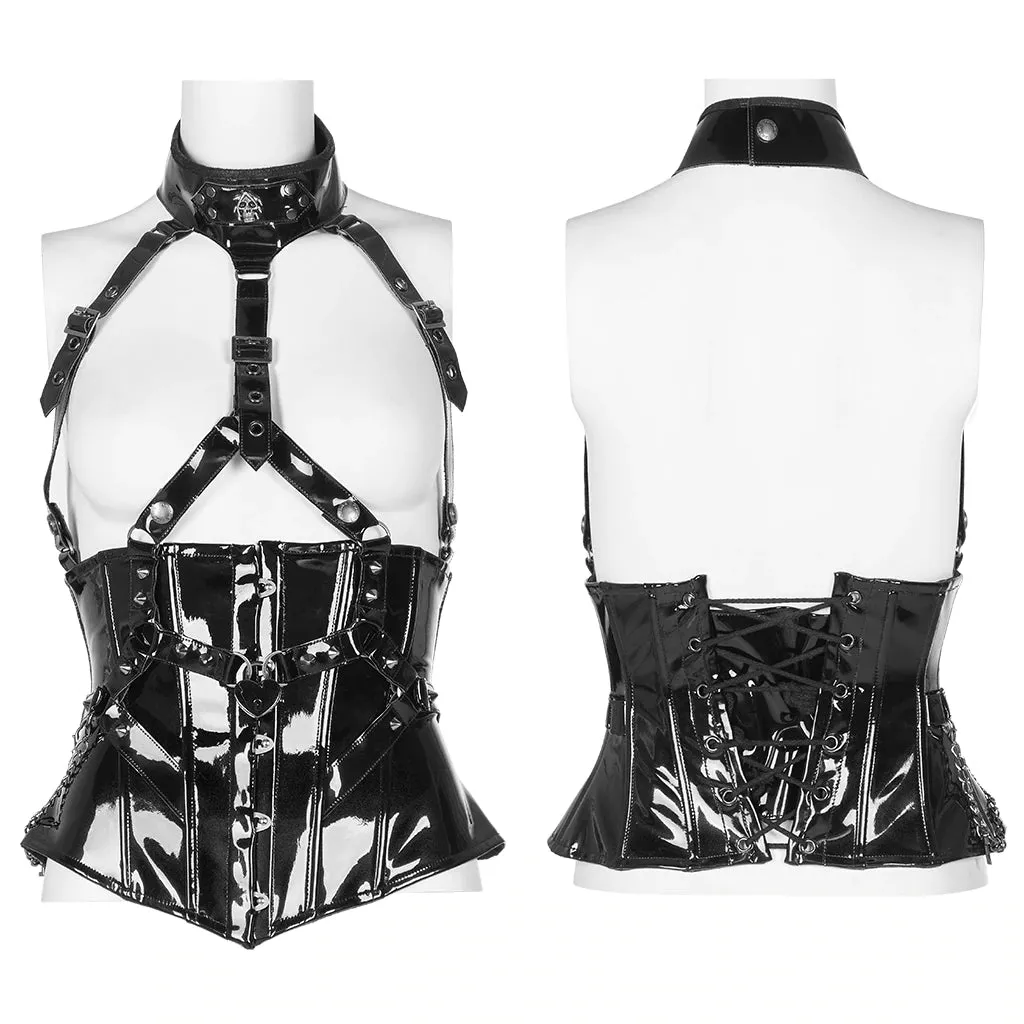 Black Patent Leather Underbust Corset w/ Removable Harness Attachment