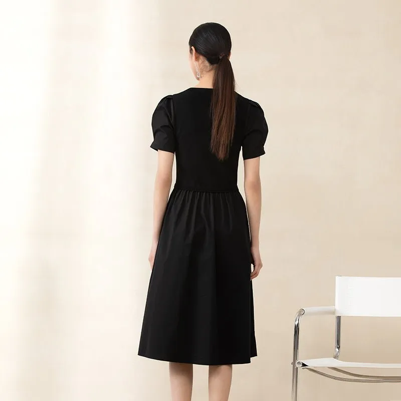 Black Waist Puff Sleeve V Neck Dresses