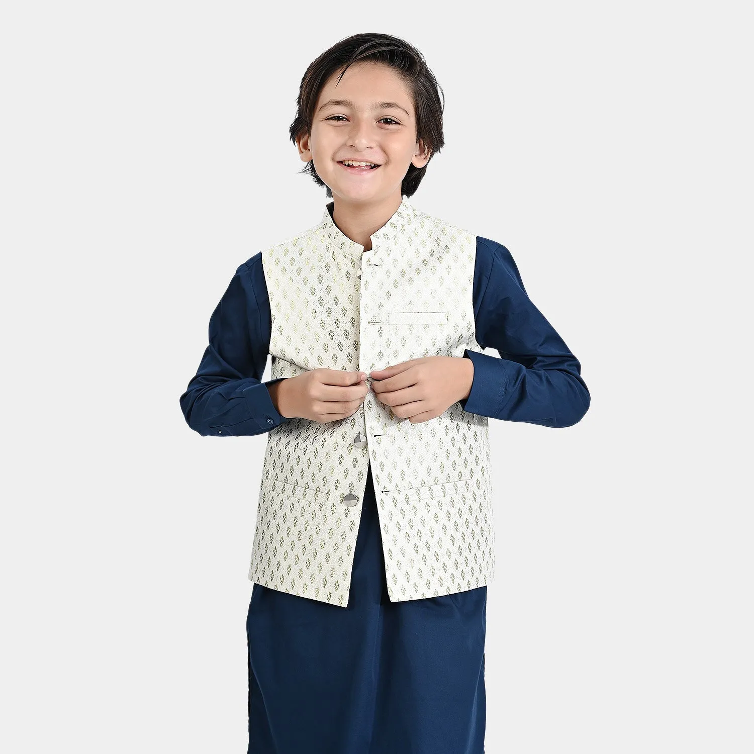 Boys Poly Viscose Waistcoat (Royal)-Off.White