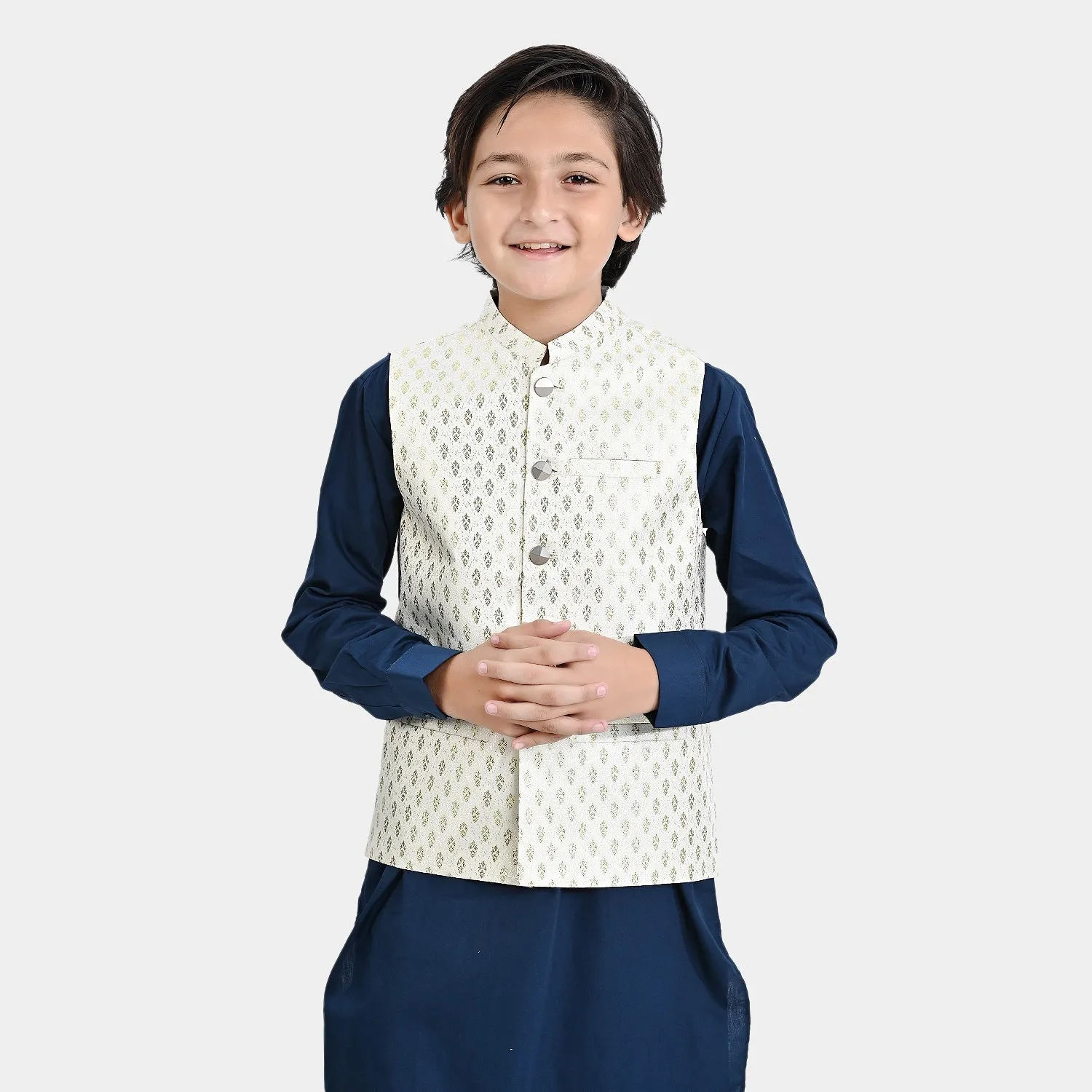 Boys Poly Viscose Waistcoat (Royal)-Off.White