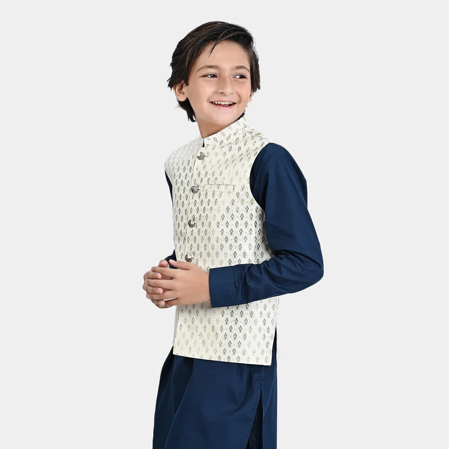 Boys Poly Viscose Waistcoat (Royal)-Off.White