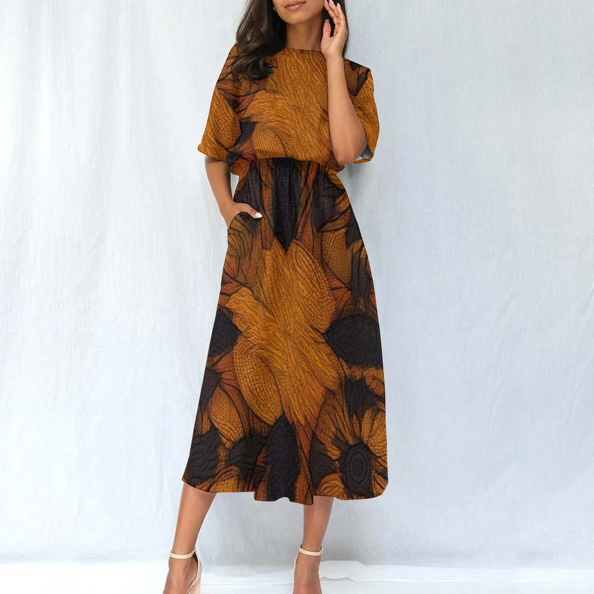 Brown & Black Elastic Waist Dress