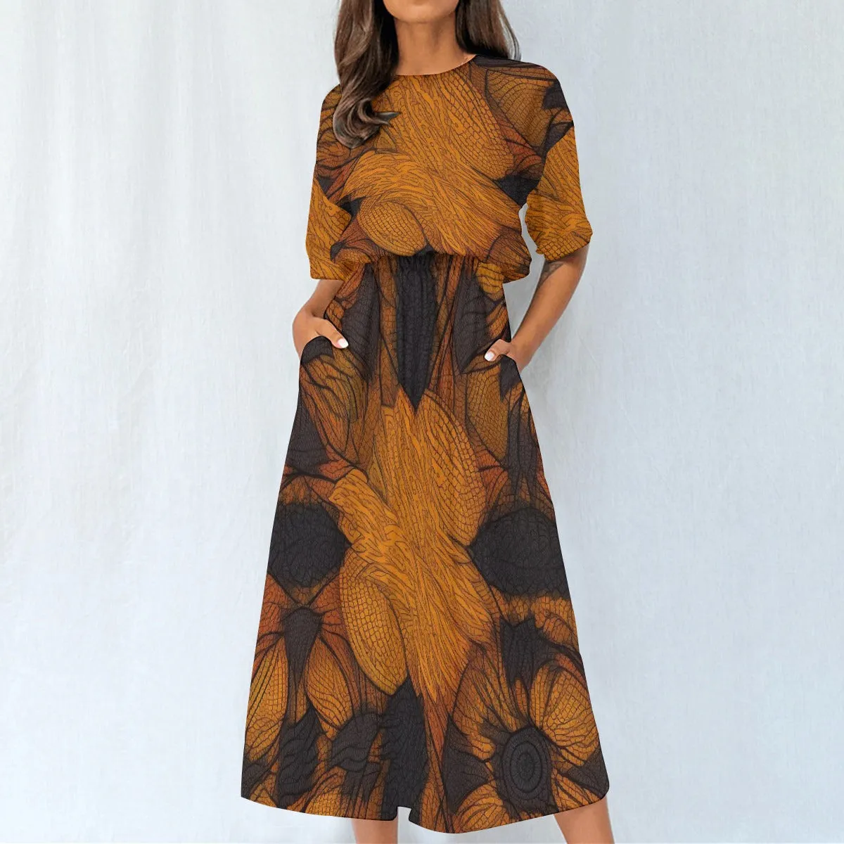 Brown & Black Elastic Waist Dress