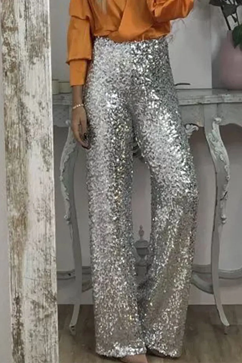 Casual Solid Sequins Sequined Straight High Waist Speaker Solid Color Bottoms