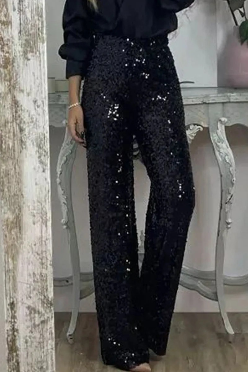 Casual Solid Sequins Sequined Straight High Waist Speaker Solid Color Bottoms