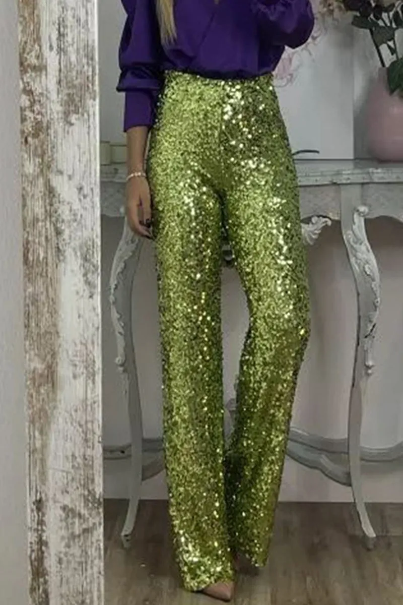 Casual Solid Sequins Sequined Straight High Waist Speaker Solid Color Bottoms