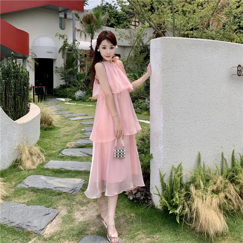 deanwangkt Elegant Sweet Sleeveless Dress Women Layered Ruffles High Waist Beach Holiday Dresses Casual Fashion Princess Sundress