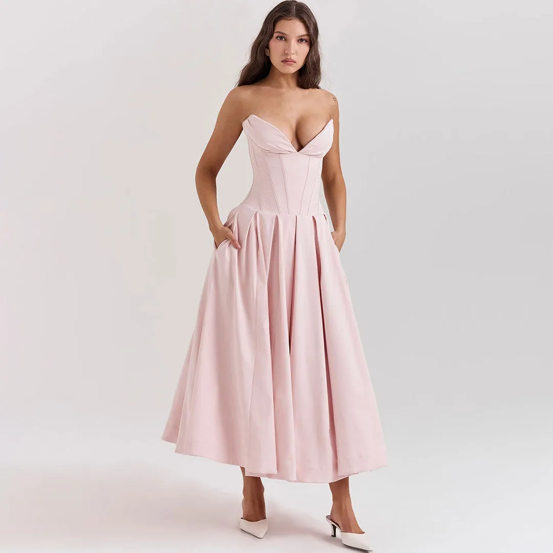 Elegant Sweetheart Neck Strapless Corset Pleated Cocktail Midi Dress