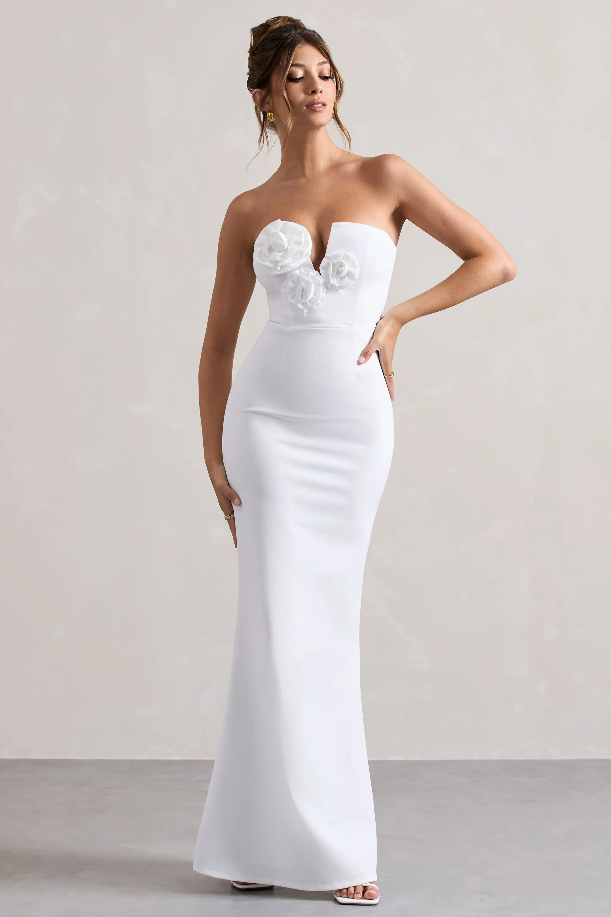 Enticed | White Strapless V-Neck Maxi Dress With Flowers