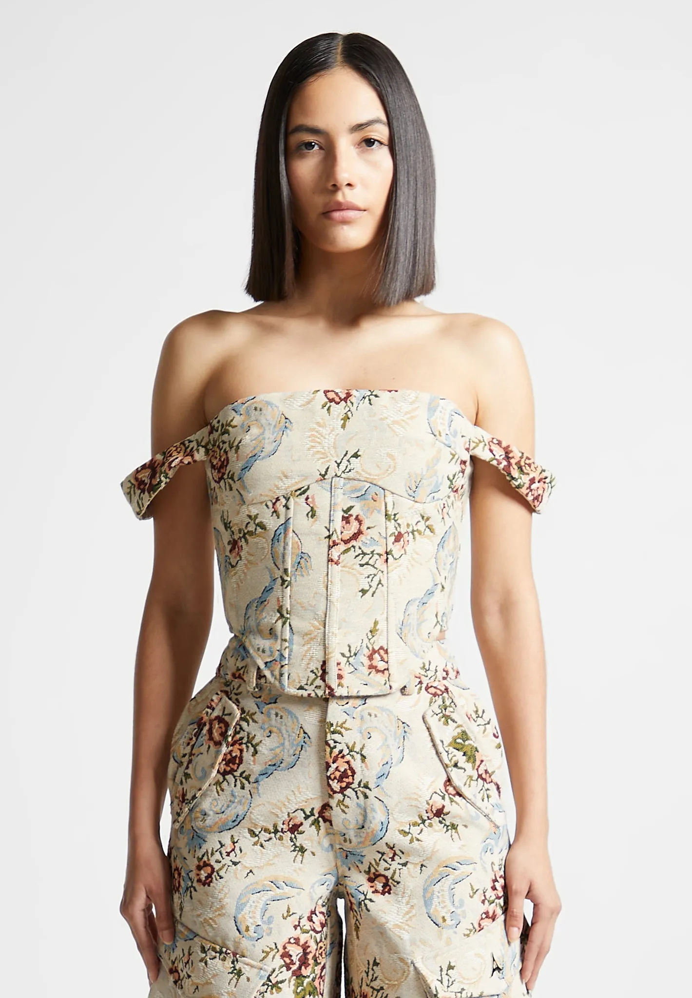 Floral Jacquard Bardot Corset Top - Beige