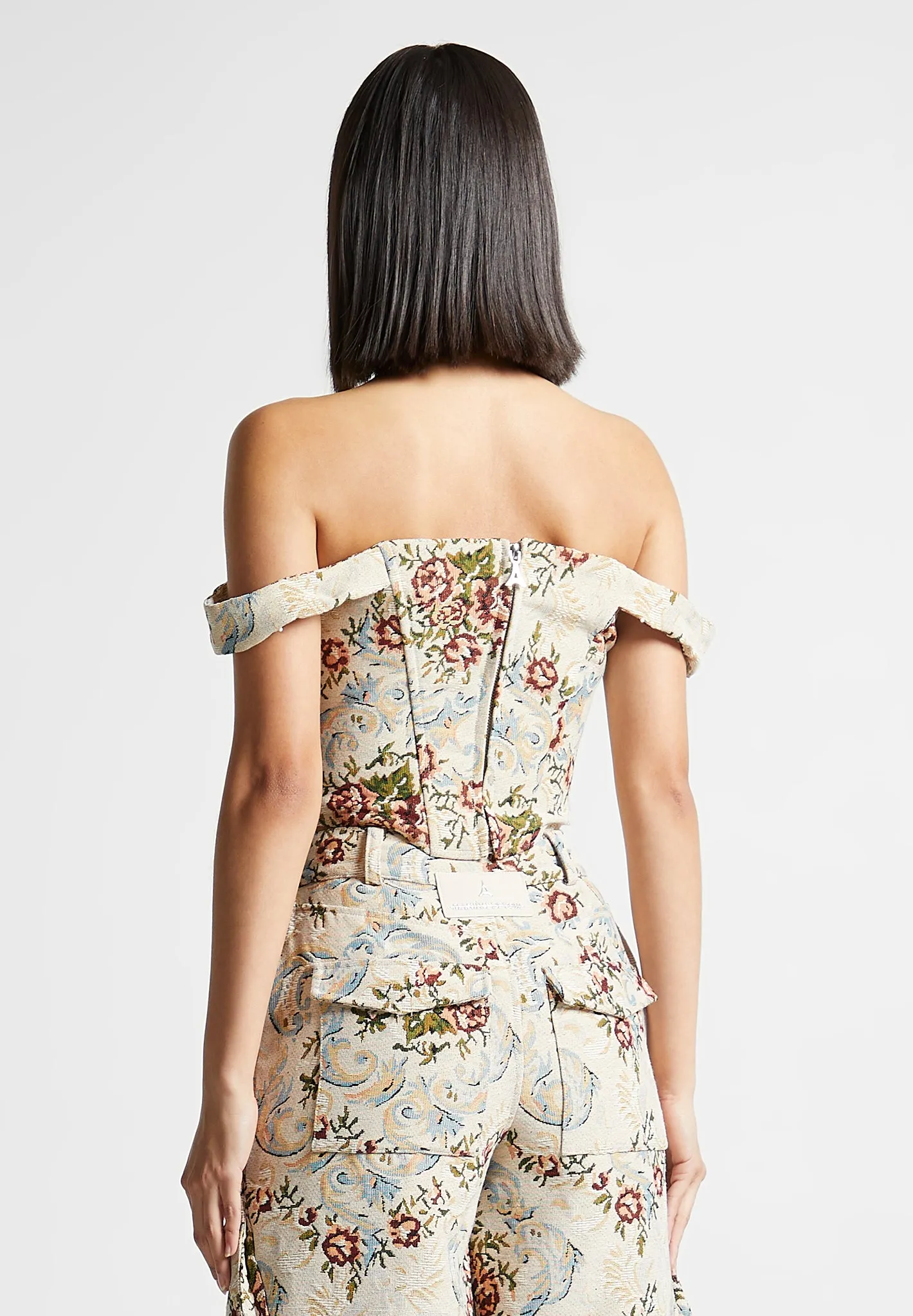 Floral Jacquard Bardot Corset Top - Beige