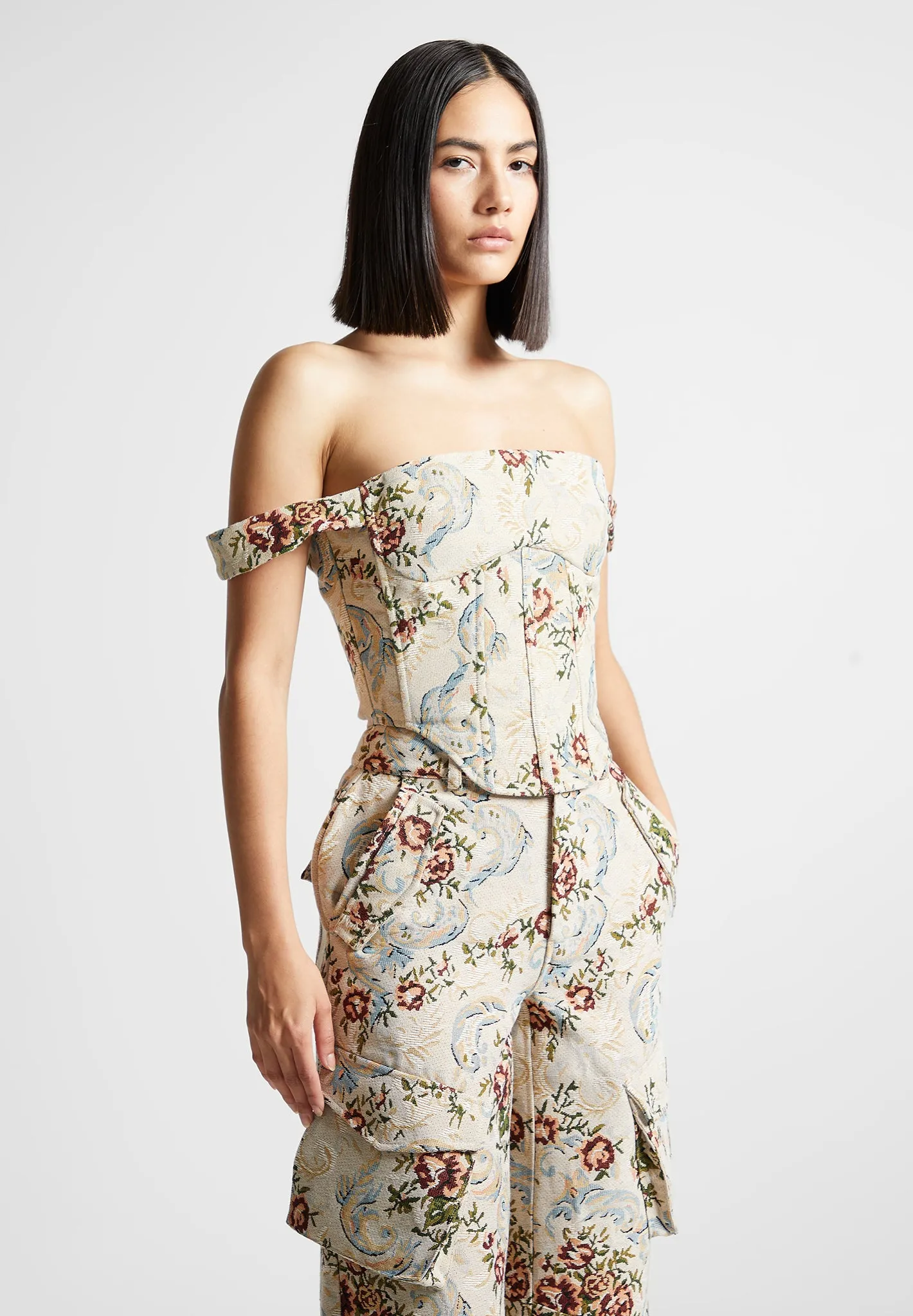 Floral Jacquard Bardot Corset Top - Beige