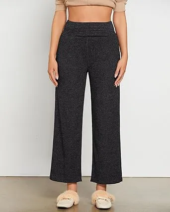 Grey Black Women's Ankle-Length High-Waist Pants Relaxed Fit Wide-Leg Pull-On Side Pocket