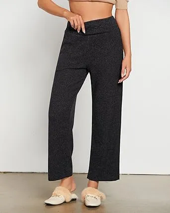 Grey Black Women's Ankle-Length High-Waist Pants Relaxed Fit Wide-Leg Pull-On Side Pocket