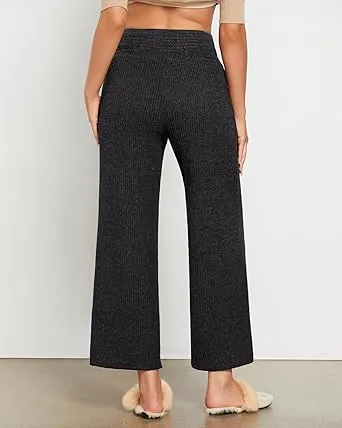 Grey Black Women's Ankle-Length High-Waist Pants Relaxed Fit Wide-Leg Pull-On Side Pocket