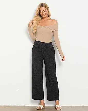 Grey Black Women's Ankle-Length High-Waist Pants Relaxed Fit Wide-Leg Pull-On Side Pocket