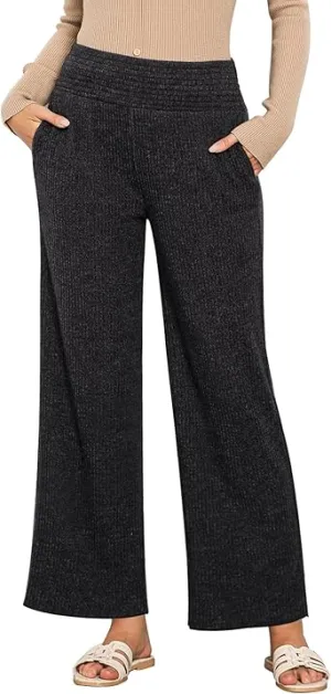 Grey Black Women's Ankle-Length High-Waist Pants Relaxed Fit Wide-Leg Pull-On Side Pocket