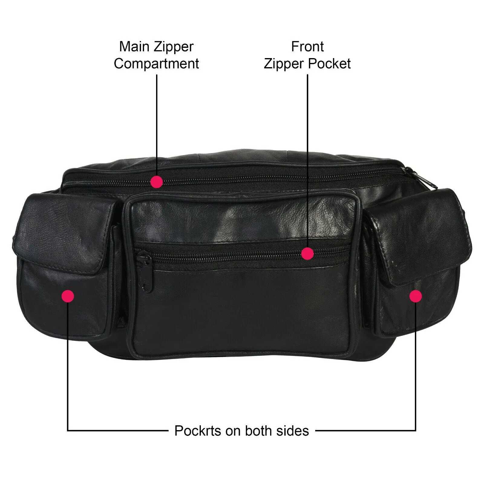 Large Black Solid Leather Waist Fanny Pack Belt Bag Travel Hip Purse Mens Womens Marshal