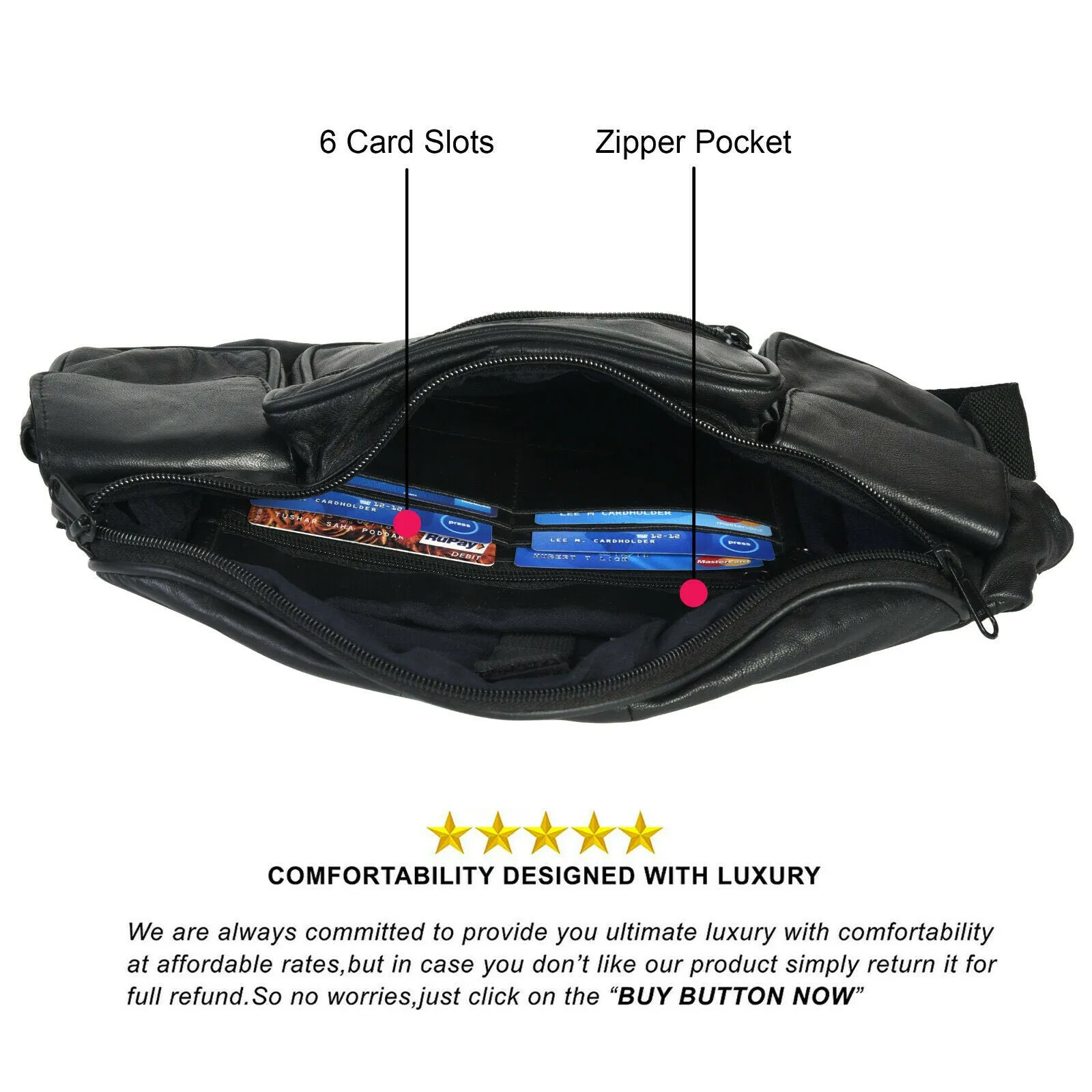 Large Black Solid Leather Waist Fanny Pack Belt Bag Travel Hip Purse Mens Womens Marshal