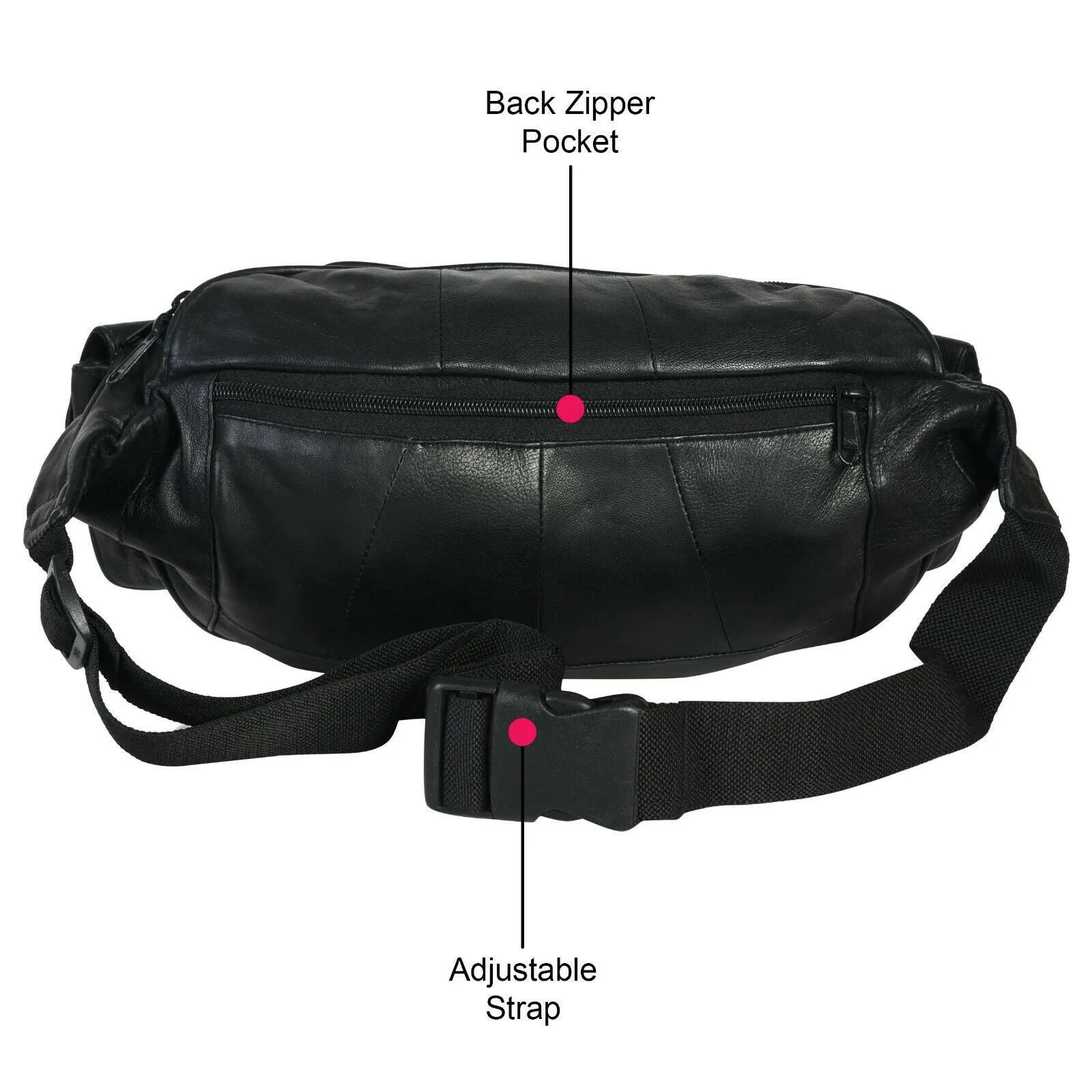 Large Black Solid Leather Waist Fanny Pack Belt Bag Travel Hip Purse Mens Womens Marshal