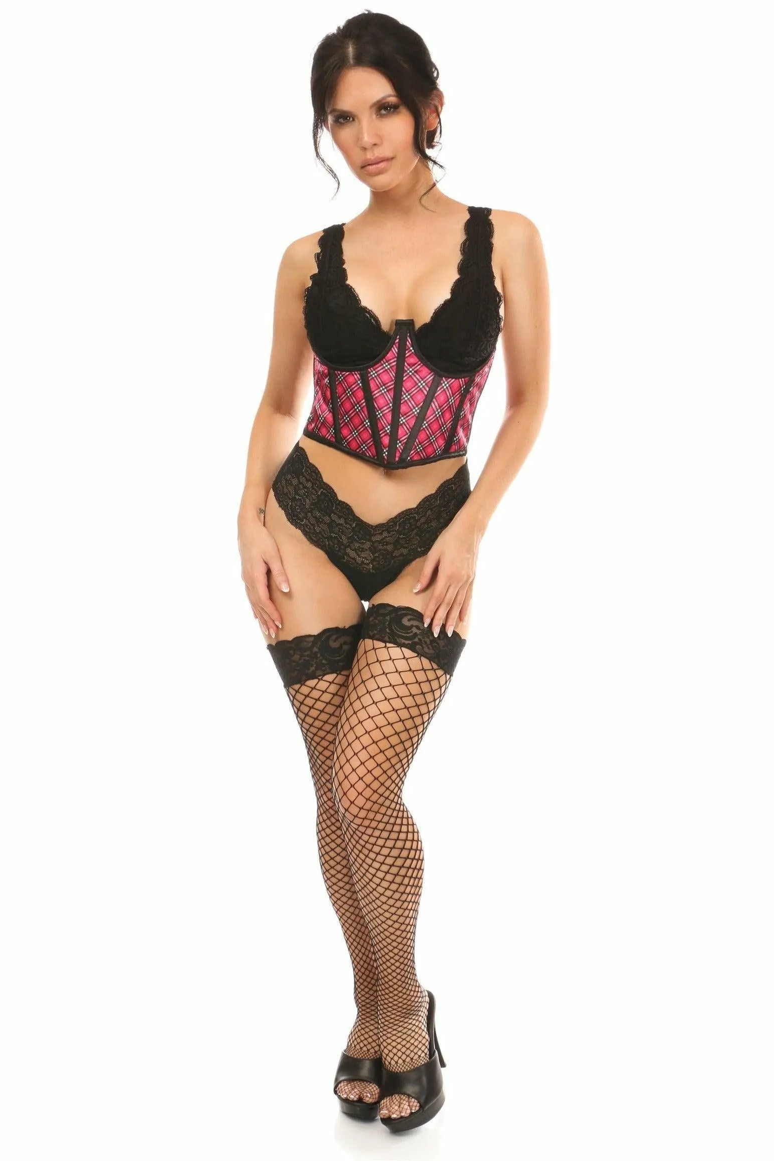 Lavish Pink Plaid Satin Open Cup Waist Cincher