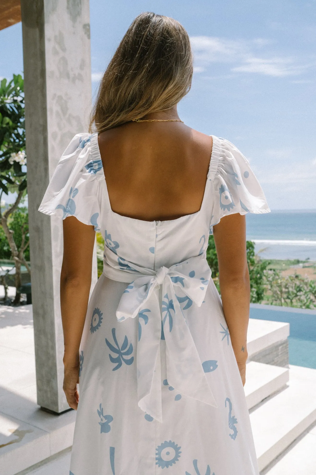 Marini White Blue Tropical Multiway Maxi Dress