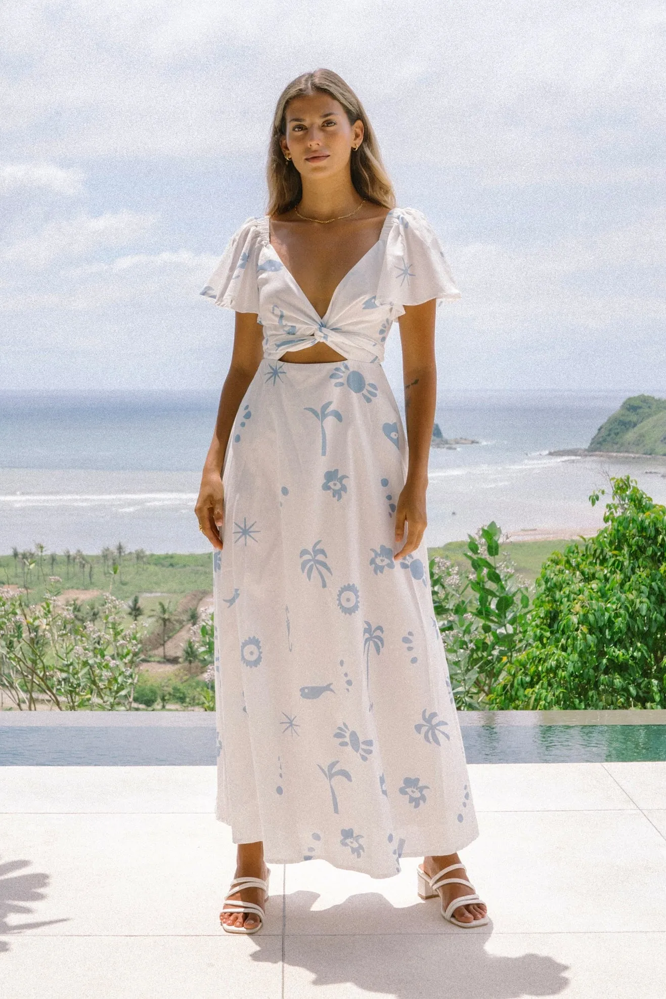 Marini White Blue Tropical Multiway Maxi Dress