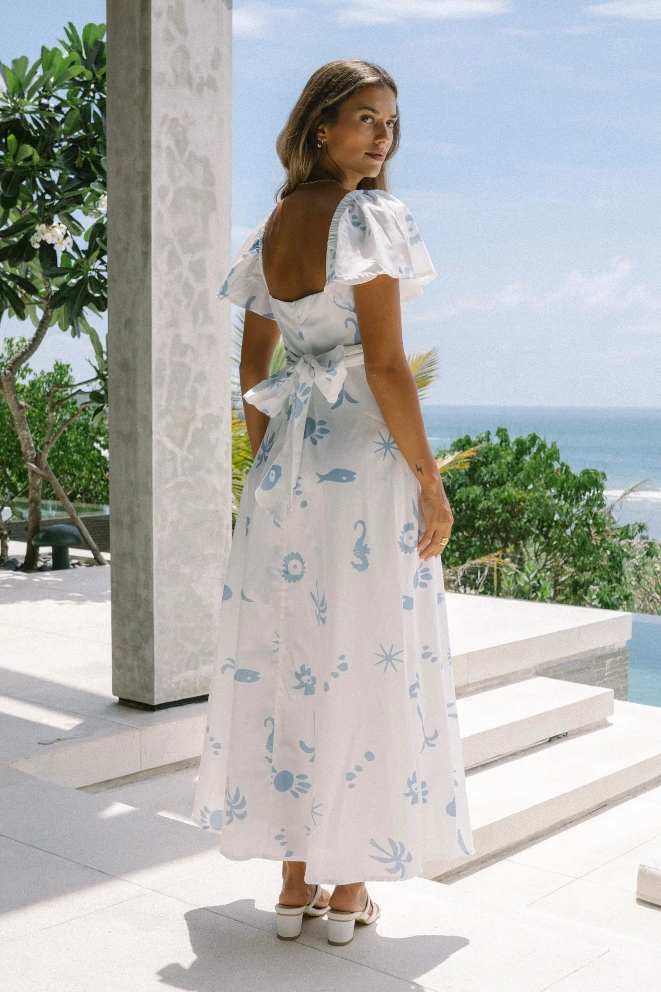 Marini White Blue Tropical Multiway Maxi Dress