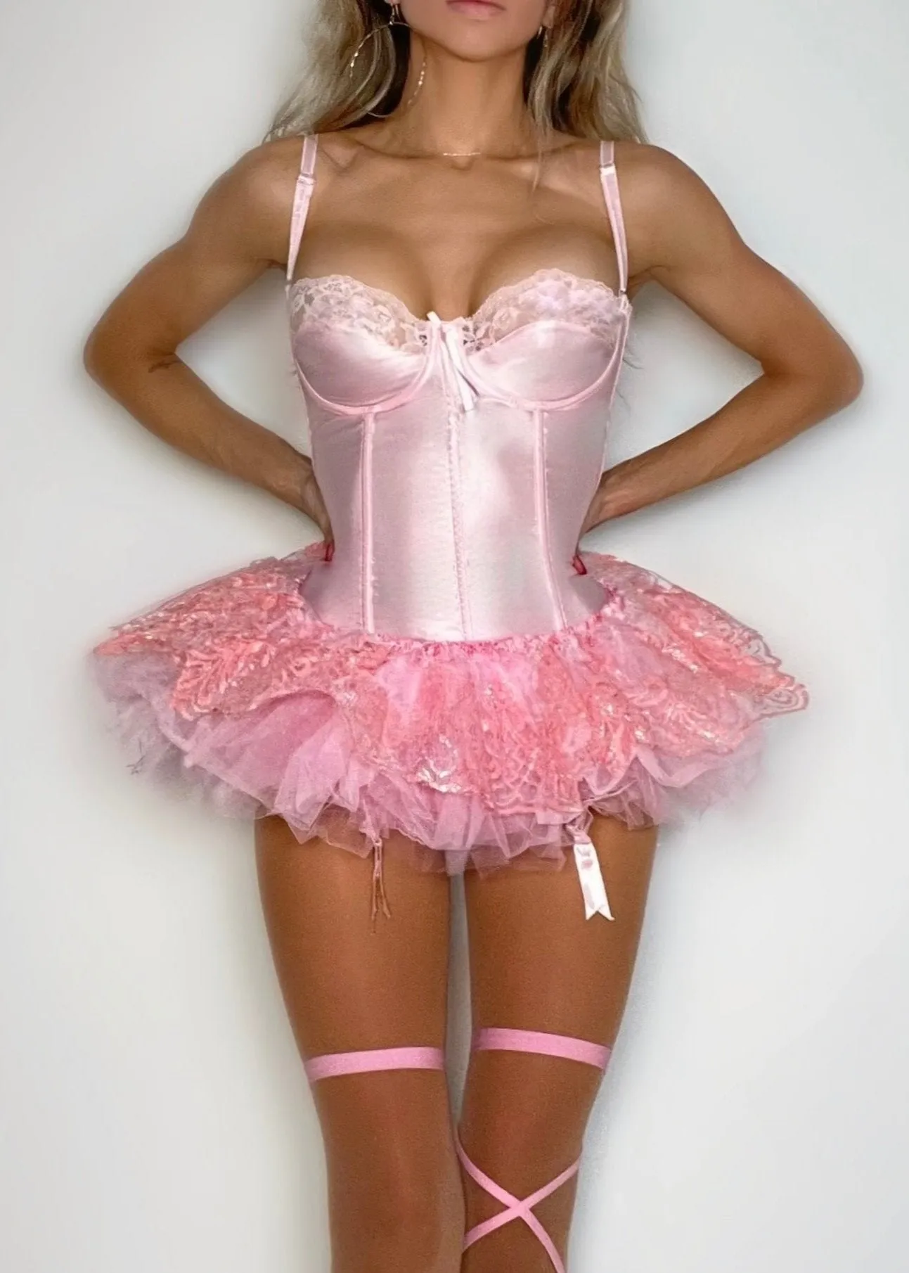 Pastel Pink Satin Bustier & Sparkle Tulle Tutu Mini Skirt 2-Piece Set