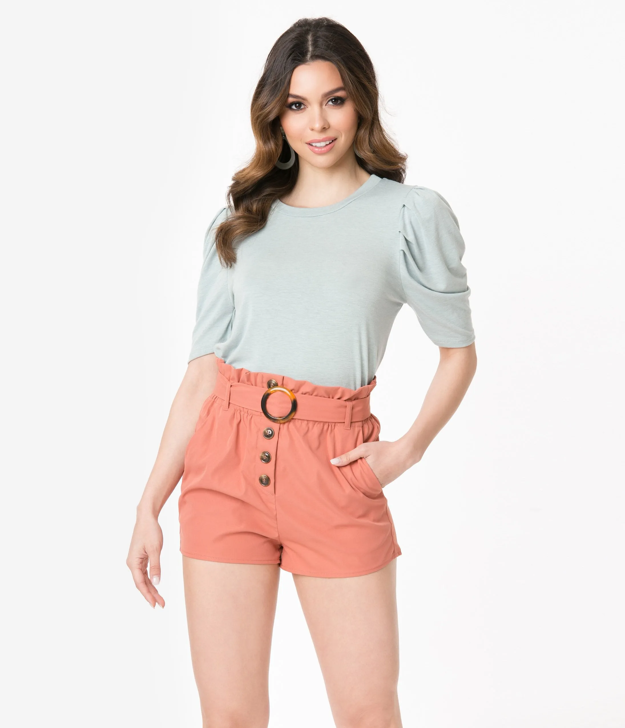 Rust Orange Belted Paper Bag Waist Shorts