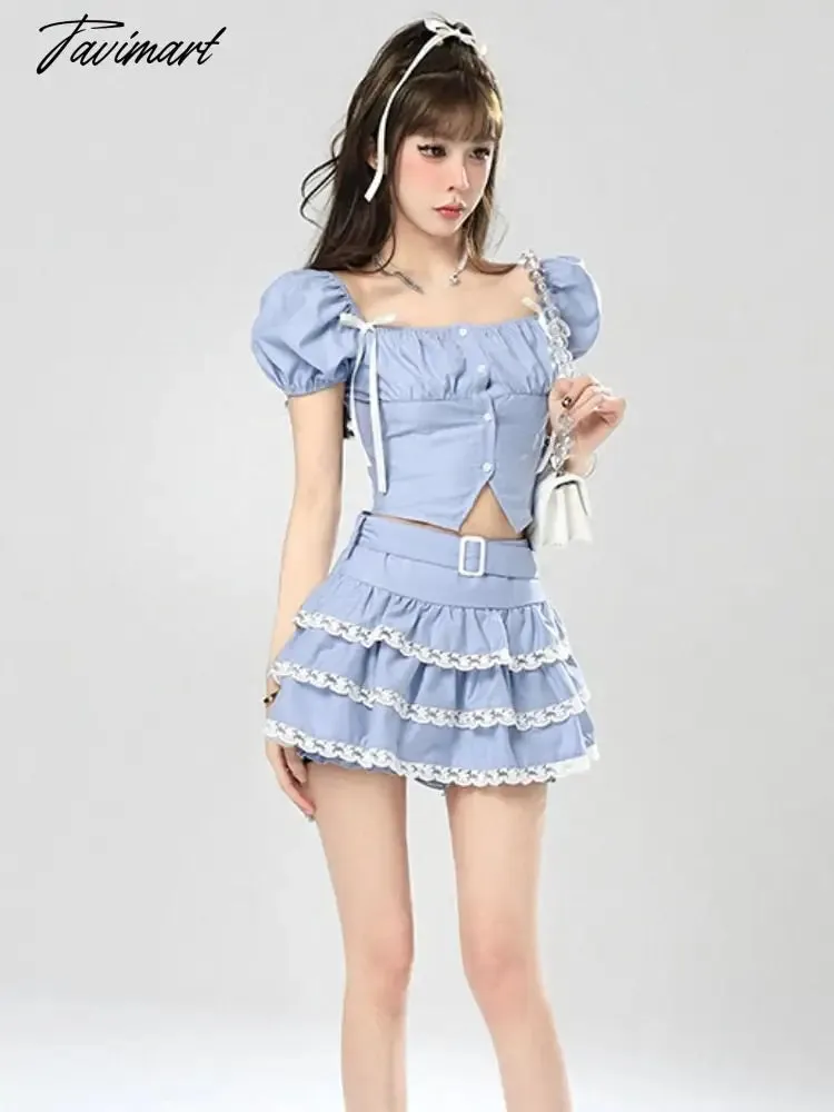 Tavimart Lolita Kawaii Two Piece Set Women Lace Vintage Sweet Cake Skirt Set Female Bubble Sleeve Korean Fashion Mini Skirt Suit New