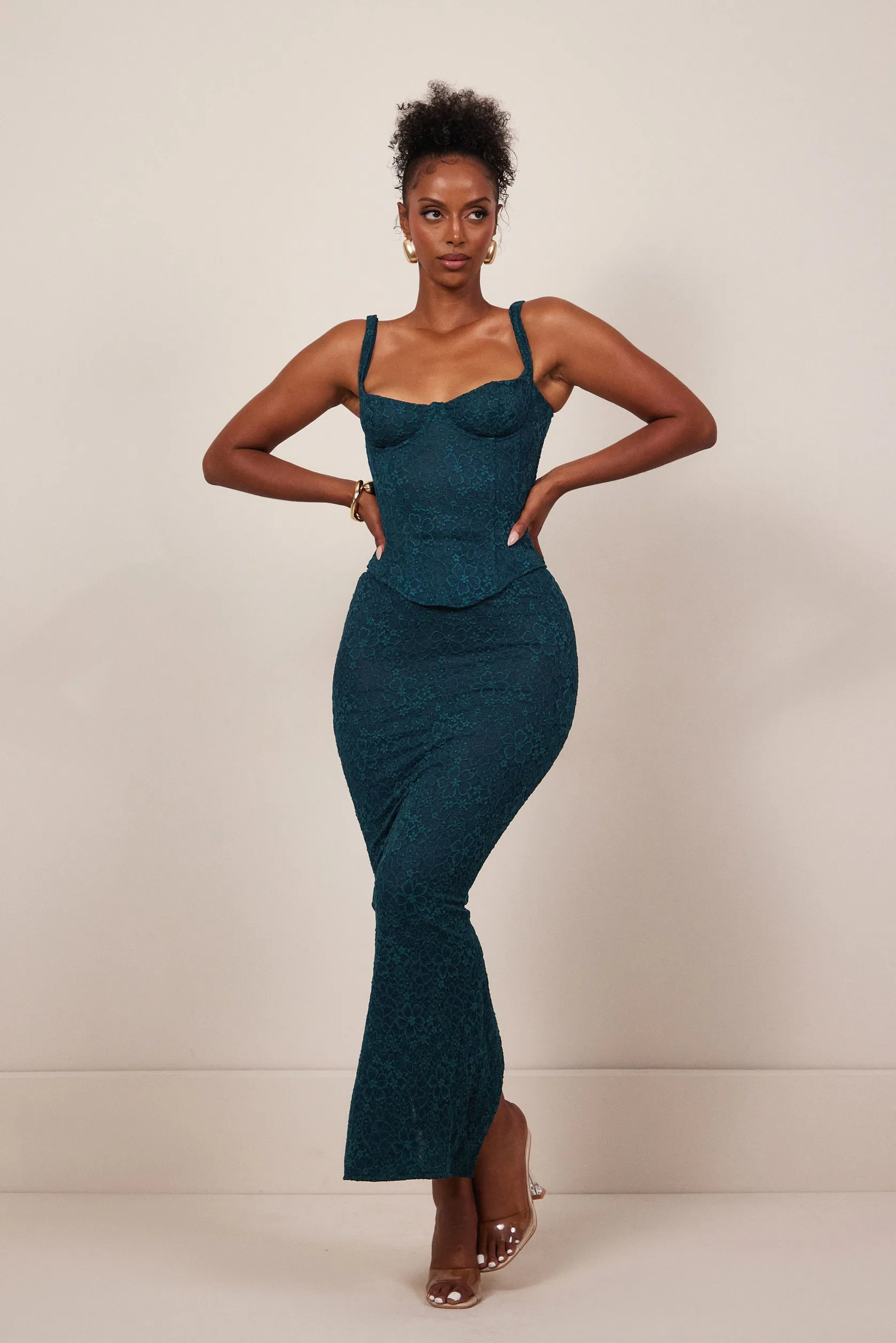 The Cinched Lace Corset Maxi Set - Teal