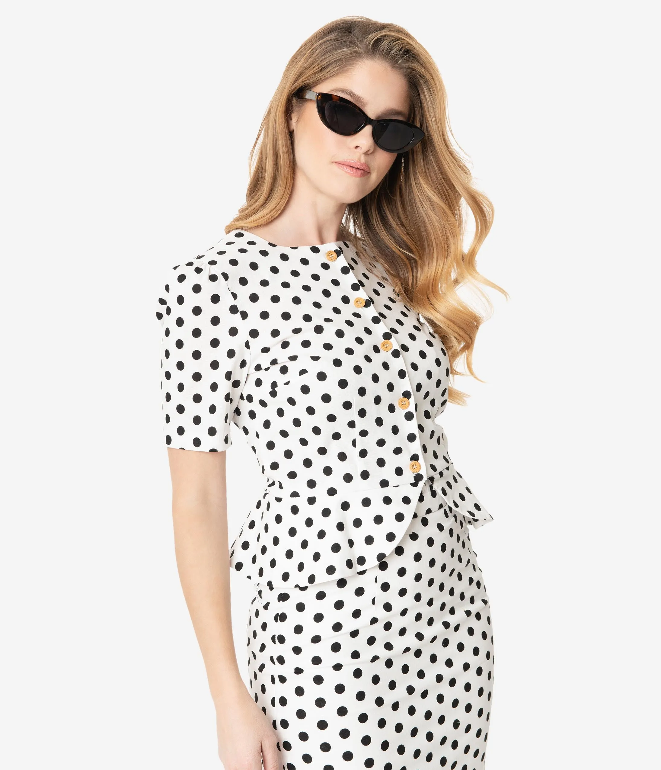 White & Black Polka Dot Short Sleeve Button Up Blouse